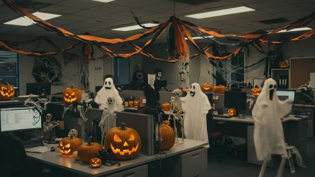 Halloween office decoration with skeletons, ghosts, pumpkins, and cobwebs, creating a spooky and festive atmosphere in the workspace with orange and black streamers.