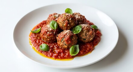 Naklejka premium Delicious meatballs served with a vibrant tomato sauce and garnished with fresh basil