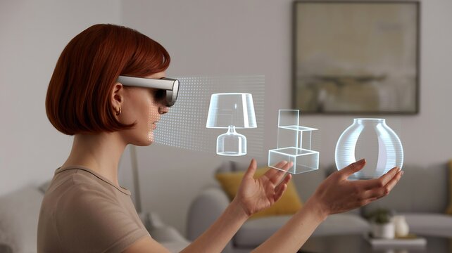 Woman wearing augmented reality glasses interacting with holographic furniture projections in a modern living room