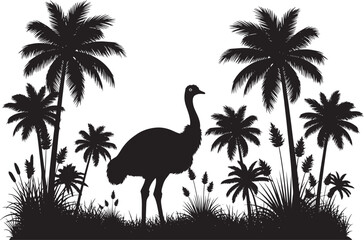 Vector art of silhouette of an ostrich standing among palm trees and grass, isolated on white background