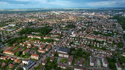 Panoramic aerial of the old town of the city  La Rivière-de-Corps in France on a sunny noon in summer