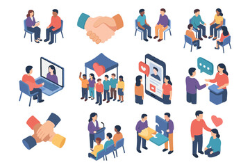 Vector meeting virtual group icons team fitness building mental circle icon handshake