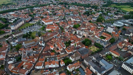 Obraz premium Panoramic aerial of the old town of the city Haguenau in France on a sunny noon in summer