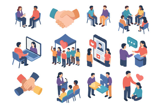 Vector meeting virtual group icons team fitness building mental circle icon handshake