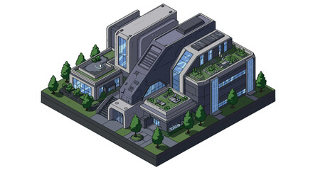 Futuristic isometric building with green roofs and modern architecture