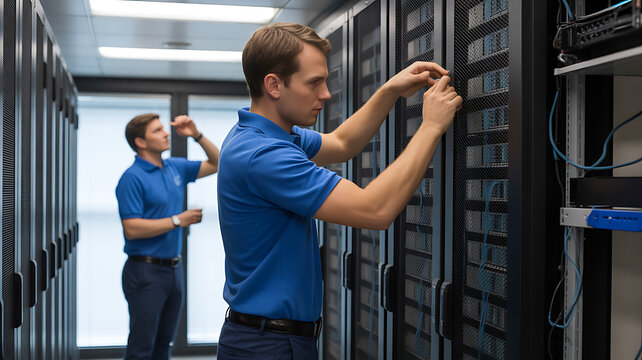 IT technicians working on server hardware in a modern data center for network maintenance