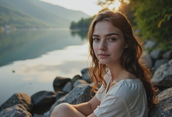 Young woman sitting by a serene mountain lake during summer