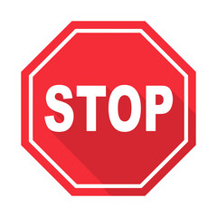 A digitally rendered red stop sign with black lettering on a black background with a silver border