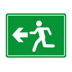 A green sign with a stick figure running towards a left arrow indicating the emergency exit route