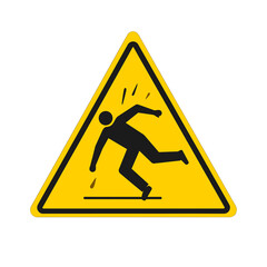 A yellow triangle warning sign with a black silhouette of a person slipping and falling on a wet surface