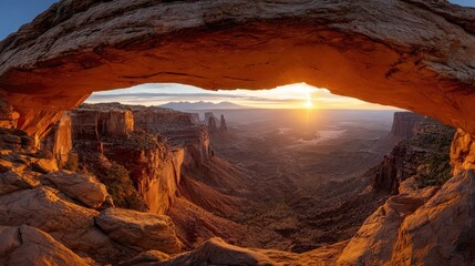 Utah Sunrise Over Mesa Arch: A Dawn Panorama of the Yellow Desert Landscape