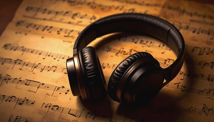 Black headphones on printed music sheet with elegant composition