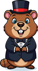 Cartoon Beaver in Tuxedo and Top Hat—Elegant Animal Character with Blue Eyes for Formal, Fantasy, and Children’s Themes