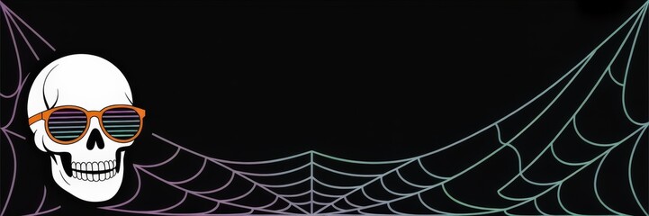 Fototapeta premium Halloween Party Banner — Vector Retro Neon White Skull Orange Striped Sunglasses, Pastel Purple & Teal Spiderwebs Black, Wide Social Media Flyer/Poster Template (Synthwave/Vaporwave)