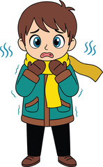 Cartoon Character Shivering in Teal Jacket and Yellow Scarf—Cold Weather Illustration for Seasonal, Educational, and Emotional Themes