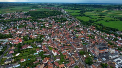 Panoramic aerial of the old town of the city  Hochfelden in France on a sunny noon in summer
