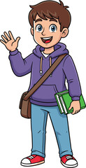 Cartoon Student in Purple Hoodie Holding Book and Waving—Youth Character with Shoulder Bag for Education, School, and Casual Designs