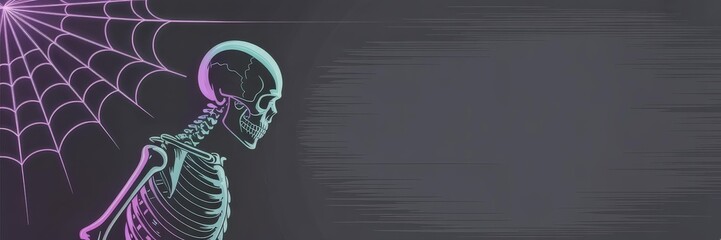 Digital Vector Neon Line Art Skeleton Side Profile — Cyan & Purple Glowing Spider Web Dark Gray | Halloween Banner Template Copy Space (Synthwave/Vaporwave) Nightclub/Party Poster & Social Media