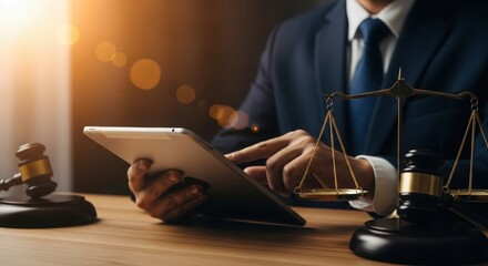 Professional legal expert utilizing digital tablet technology alongside traditional justice scales and gavel in a law office setting