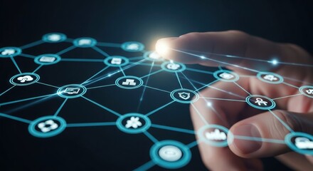 Human hand navigating a futuristic digital network of connected global icons representing technology and innovation