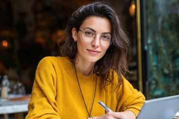 Adaptation to New Norm: Young Spanish Brunette Smiling While Telecommuting with Hybrid Tablet Laptop Post-Covid 19