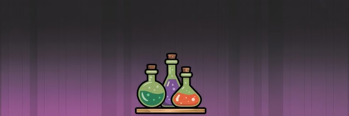 Vector Cartoon Three Corked Potion Bottles Wooden Shelf — Green, Purple & Orange Liquids, Bold Outlines & Glossy Highlights, Purple Gradient Wood-Panel Background Copy Space — Halloween/Fantasy Social