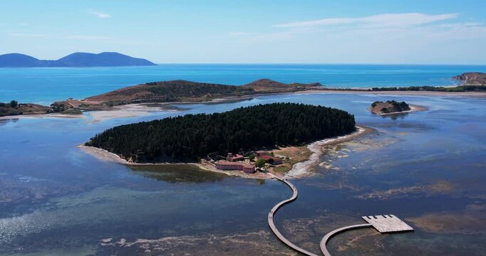 Aerial view of Albania Vlore Zv&euml;rnec island, St. Mary's Monastery.