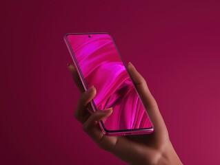 Elegant hand holding a sleek pink smartphone with vibrant abstract wallpaper, perfect for tech and lifestyle content