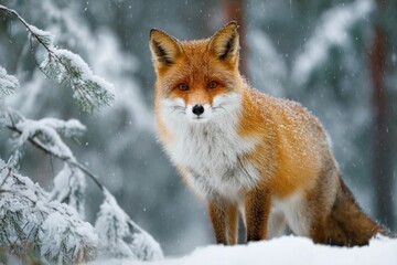 Charming Winter Fox Amidst Snowy Forest. Adorable Red Vulpes in a Beautiful Winter Landscape