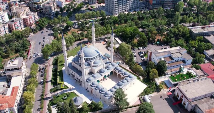 Aerial View of Tirana, Albania. Tirana's city center, highlighting Skanderbeg Plaza, Et'hem Bey Mosque, Skanderbeg monument square, Opera ballet Theatre and Giant Concrete Head Building