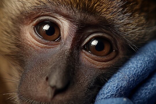 Close-up portrait of a young primate's expressive brown eyes and detailed fur