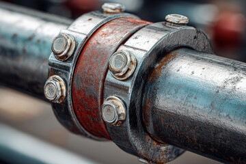 Weathered industrial metal pipe coupling with bolts showing rust and oxidation