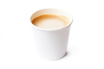 A simple cup of coffee sits in a white paper cup with a white background, perfect for any coffee lover.