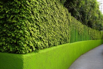 Lush Emerald Green Barrier: A Climbing Plant-Decorated Garden Wall