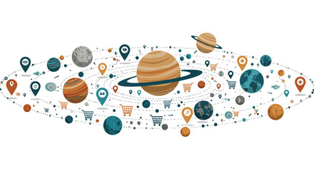 Solar system shopping concept with planet orbits and cart icons