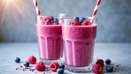 Two glasses of pink smoothie topped with fresh raspberries and blueberries, each with a red-and-white striped straw, sit on a neutral gray surface surrounded by scattered berries—evoking freshness