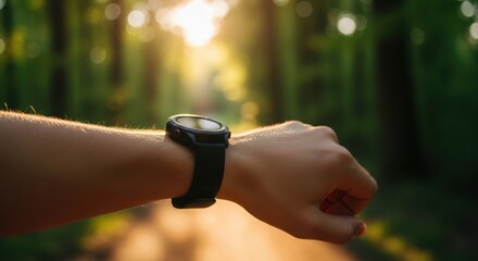 A close up view of a person s wrist wearing a watch with the sun shining through trees in the background creating a warm glow