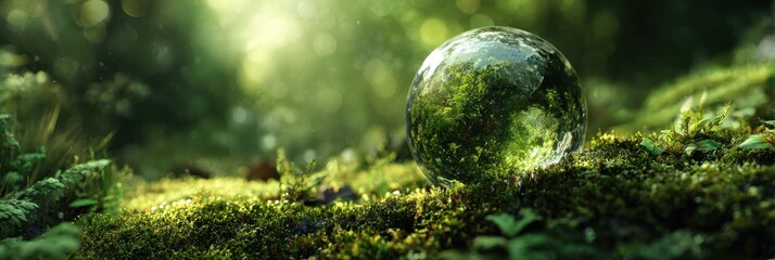 Conceptual Ecology - Lush Green Planet Surrounded by Forest with Sunlight Filtering Through Trees for Earth Day Celebration