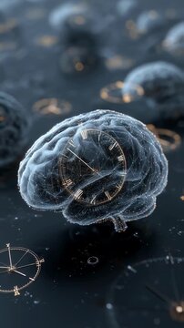 Futuristic brain mesh with overlapping clock hands rotating asynchronously visualizing the impact of rapid travel on sleepwake cycles.