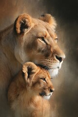 Fototapeta premium Stunning Airbrush Masterpiece of a Caring Lion and Her Adorable Cub in a Dreamy Background