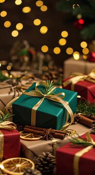 Handmade kraft paper gift box tied with jute string and cinnamon stick, surrounded by dried orange slices and pinecones, rustic festive style.