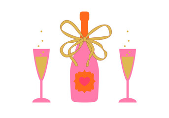 Prosecco wine bottle and glasses. Champagne Bottle and Flute Glass