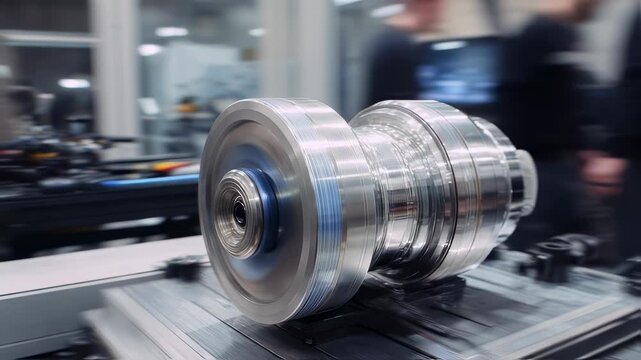 Medium shot capturing the spherical wheelhub motor in sharp focus as it spins on a rollingresistance dynamometer while the surrounding test rig and operators remain softly blurred.