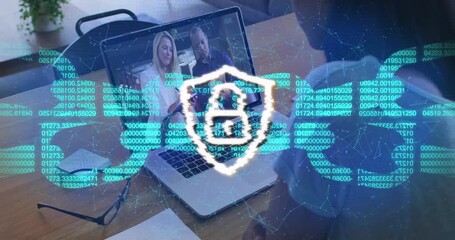 User opening laptop joining business call as encryption process animating padlock overlay with code - Powered by Adobe