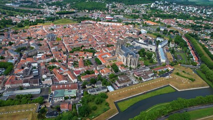 Panoramic aerial of the old town of the city Tolou in France on a sunny noon in summer