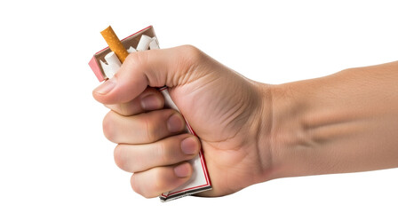Stop smoking concept hand crushing cigarette pack quit addiction on transparent background