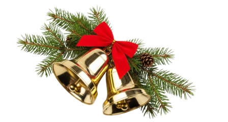 Christmas bells with red bow and pine branches holiday decor on transparent background