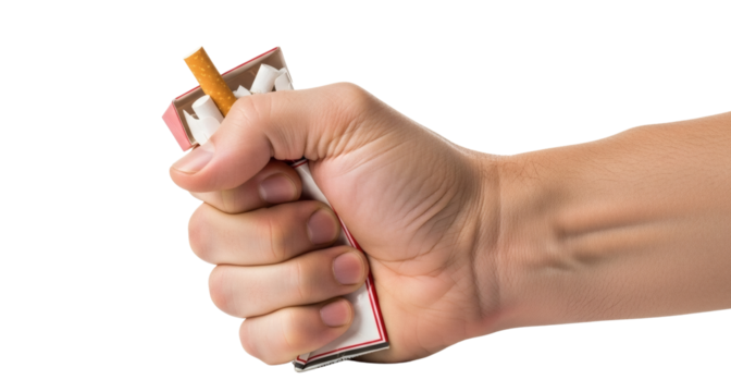 Stop smoking concept hand crushing cigarette pack quit addiction on transparent background