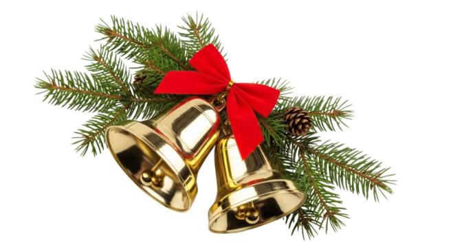 Christmas bells with red bow and pine branches holiday decor on transparent background