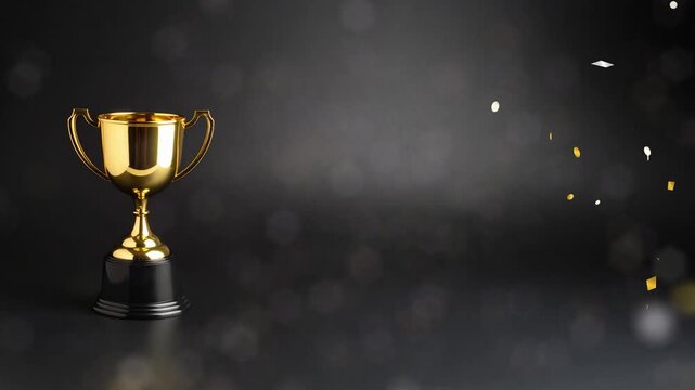 Golden winner trophy cup on a dark background with falling confetti. Business or sports success and achievement celebration concept. Abstract animation with copy space for text or logos.